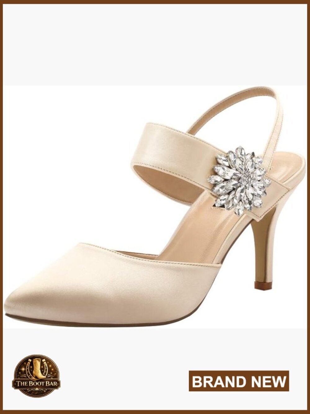 Pointed Toe Slingback Rhinestone Brooch Satin Dress Pumps Evening Wedding Heels